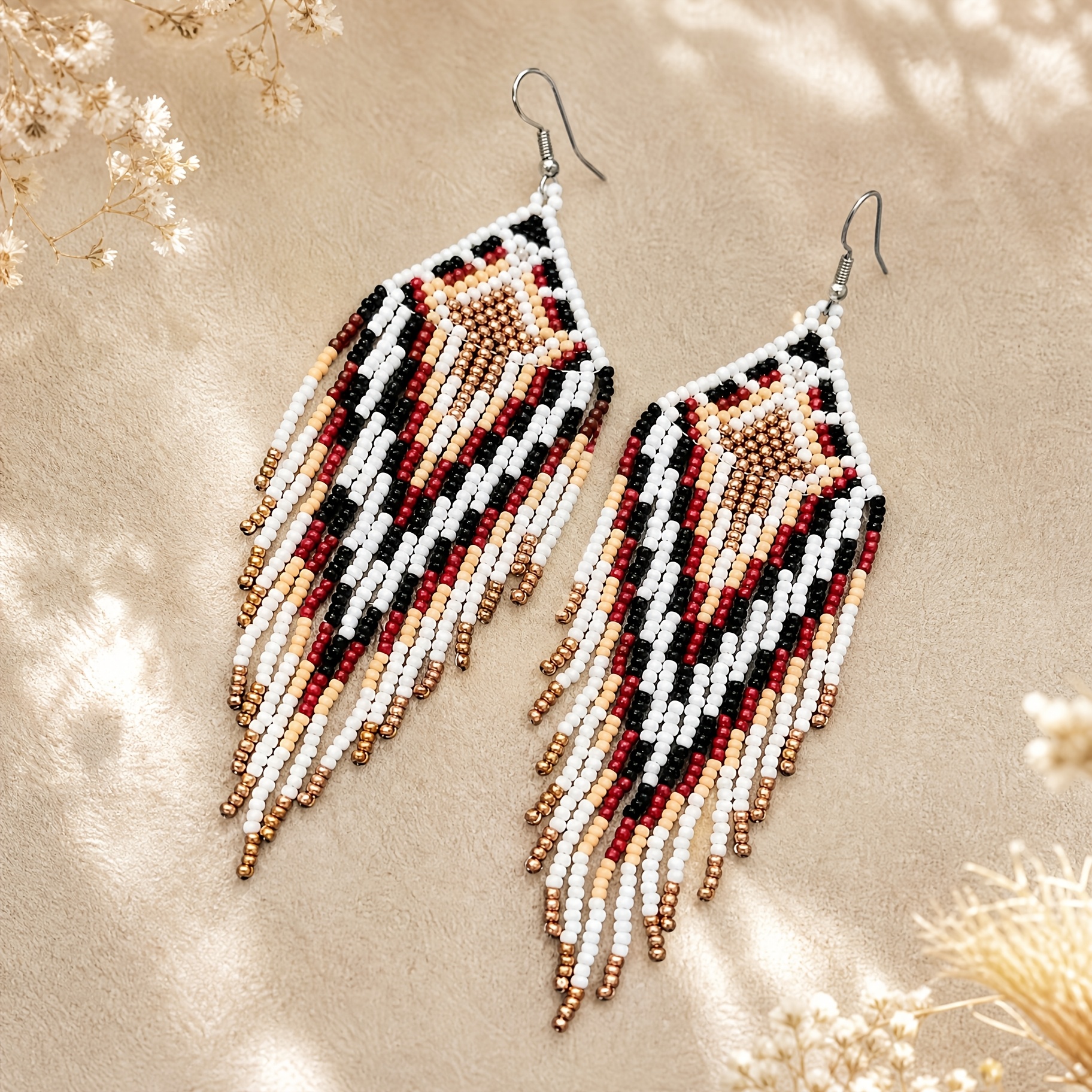 Boho Vintage Style Geometric Beaded Fringe Earrings